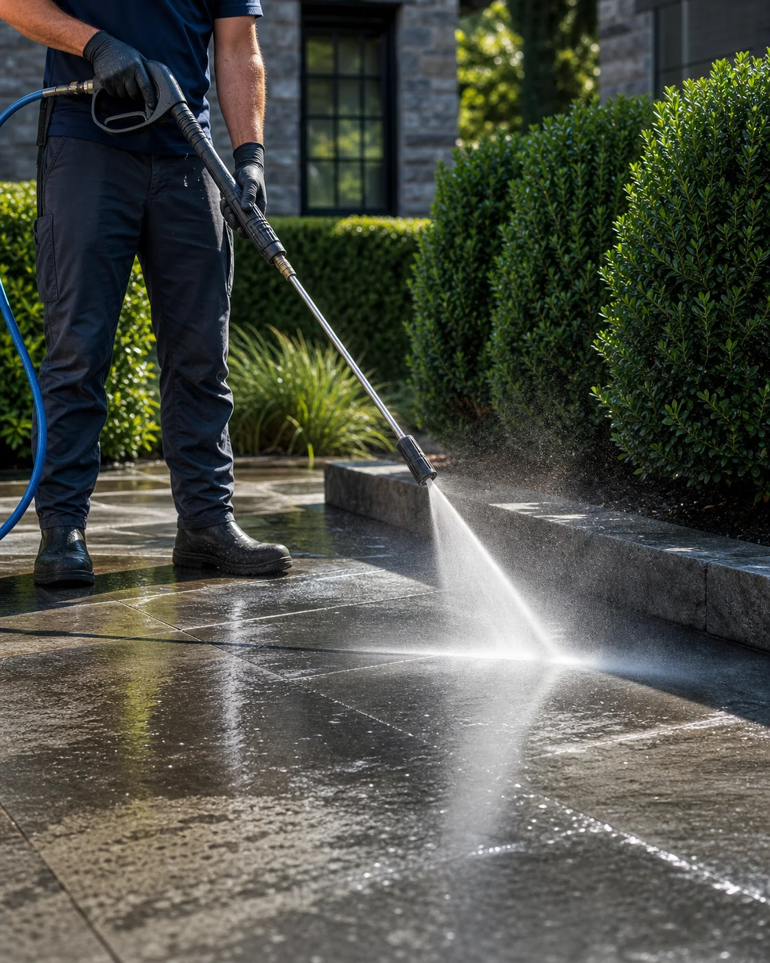 A professional cleaning a stone patio